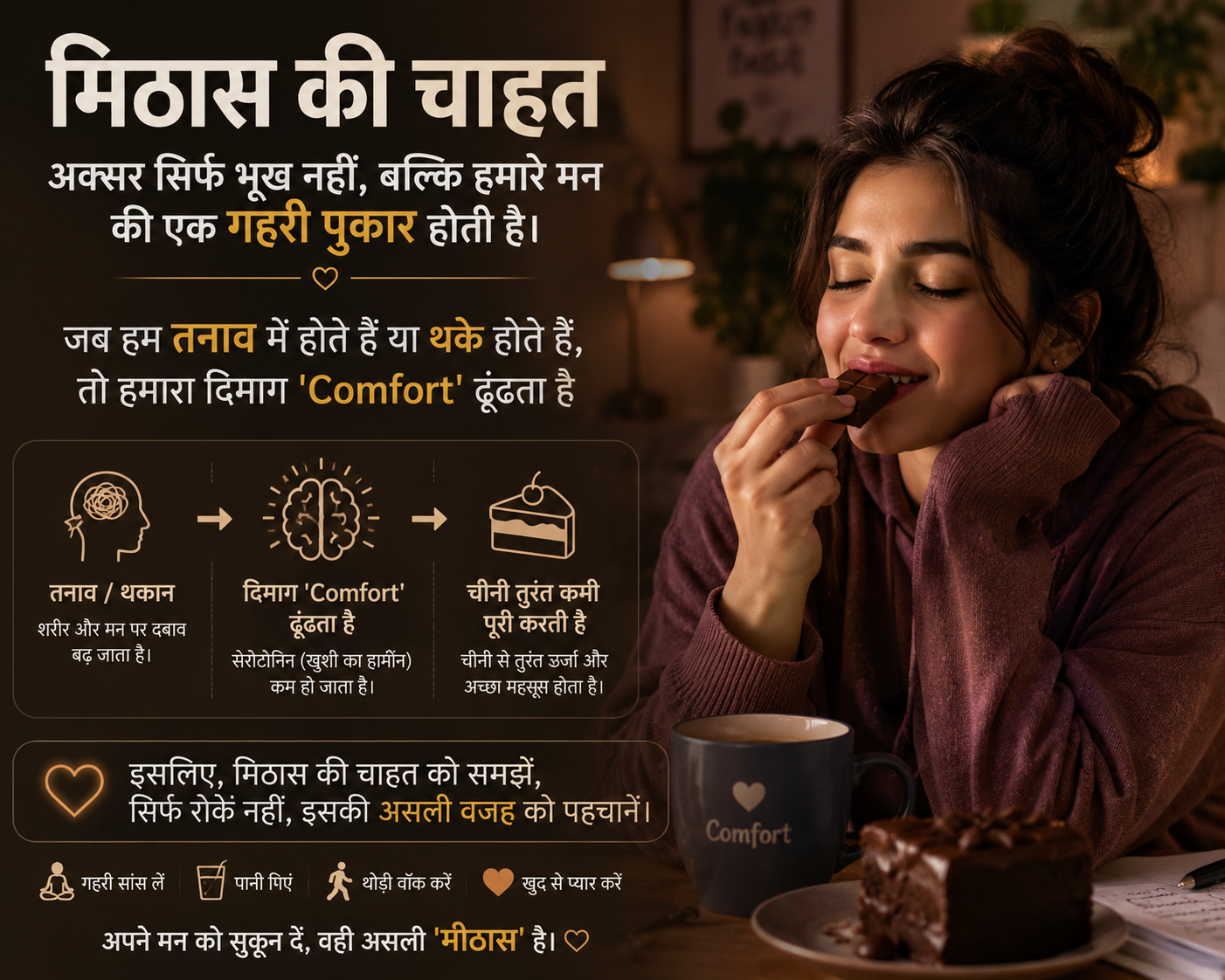 ​मिठास की चाहत अक्सर सिर्फ भूख नहीं, बल्कि हमारे मन की एक गहरी पुकार होती है। जब हम तनाव में होते हैं या थके होते हैं, तो हमारा दिमाग ‘Comfort’ ढूंढता है और चीनी उस कमी को तुरंत पूरा करने का सबसे आसान जरिया बन जाती है।